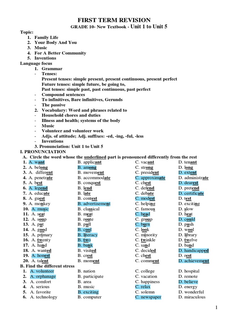 First Term Revision: Unit 1 To Unit 5 | PDF | Foreign Language Studies ...