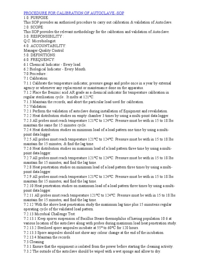 Procedure For Calibration of Autoclave Sop PDF Sterilization