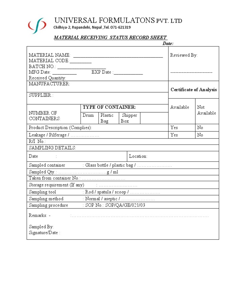 Material Receiving Status Record Sheet | PDF