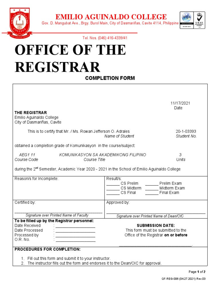 Completion Form for EAC Students | PDF