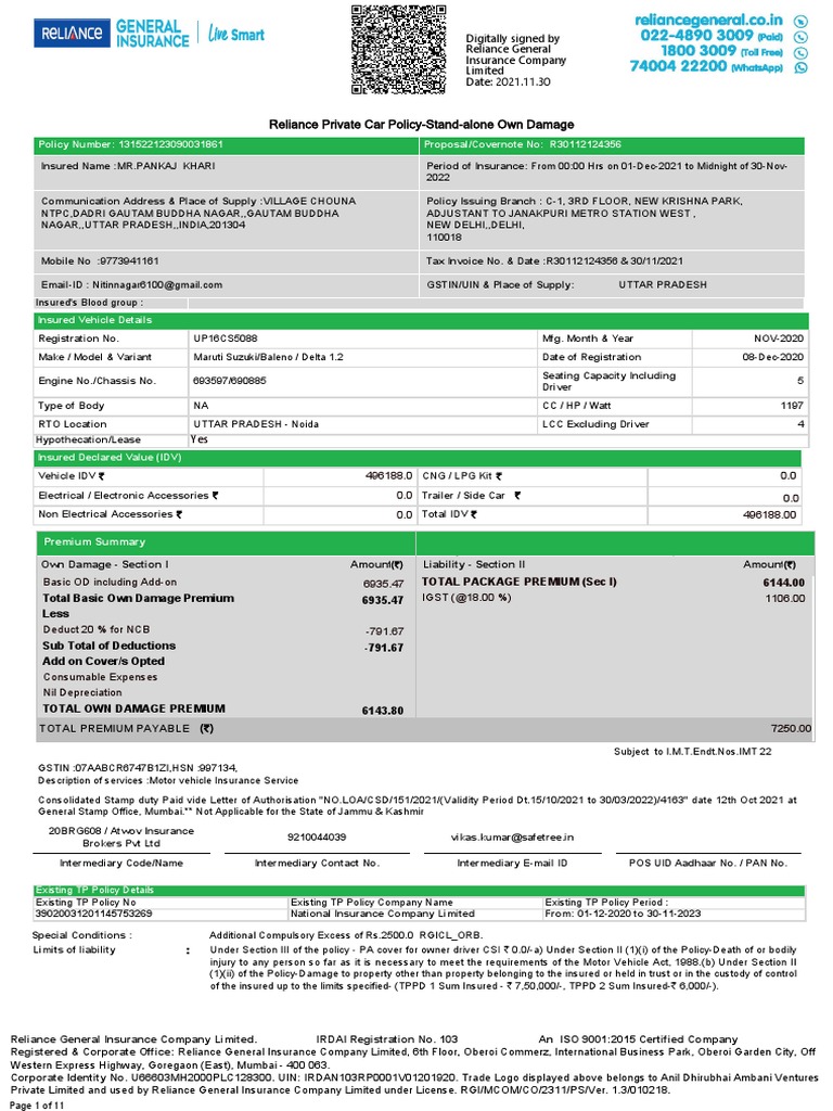 Reliance Private Car PolicyStandalone Own Damage PDF Insurance
