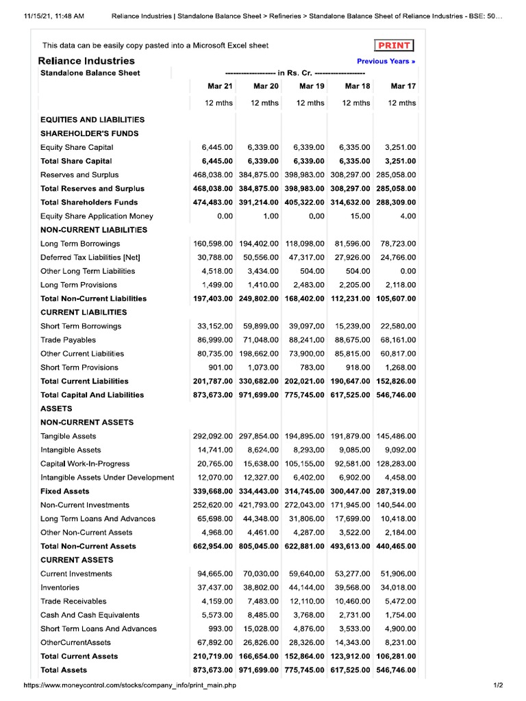 Reliance Balance Sheet | PDF