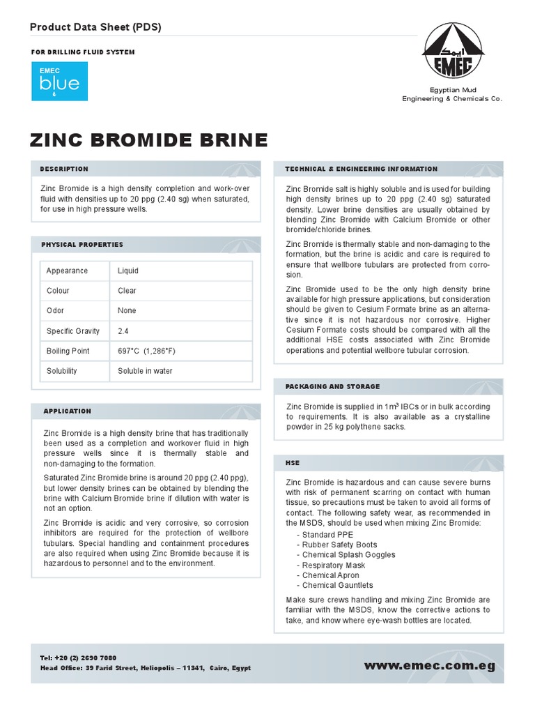 Zinc Bromide Brine Product Data Sheet (PDS) PDF Density Solubility