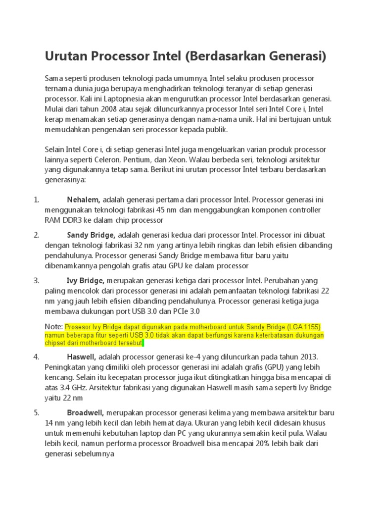 Urutan Generasi Prosesor Intel Terbaru | PDF