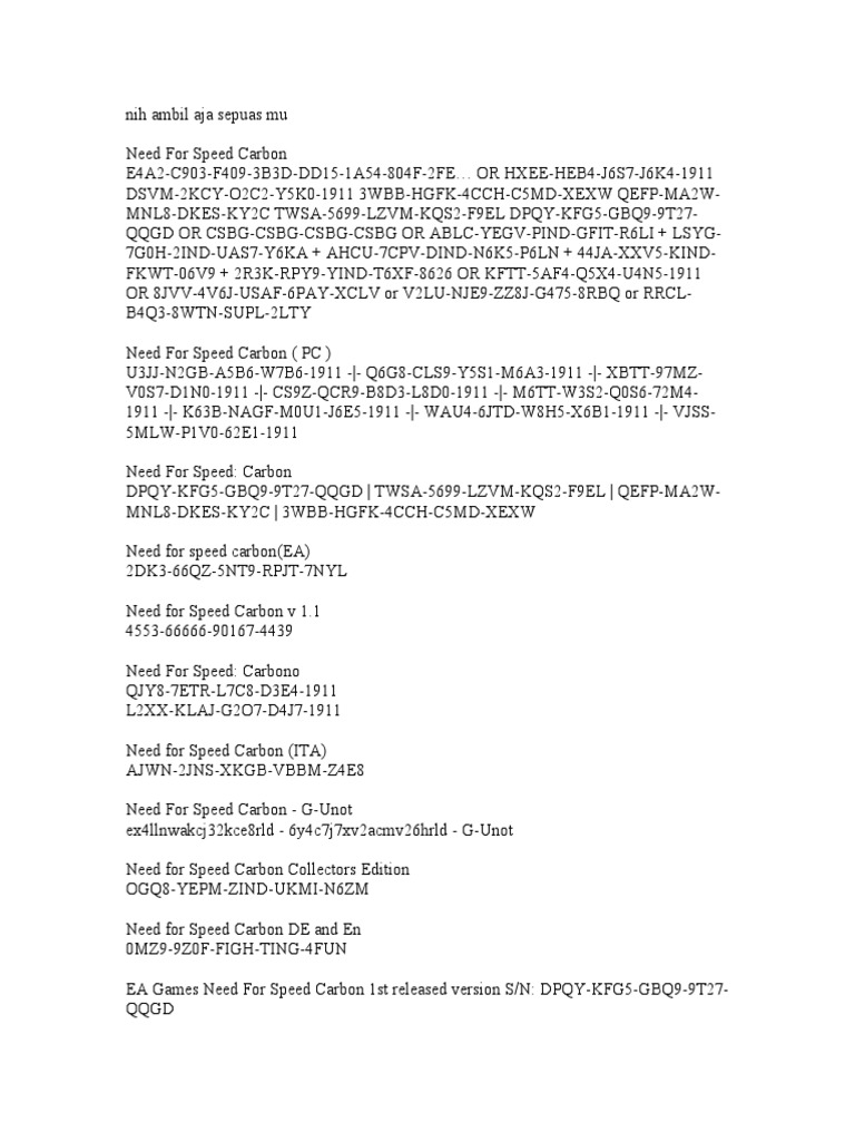 Collection Of Serial Keys And Codes For Need For Speed Carbon.