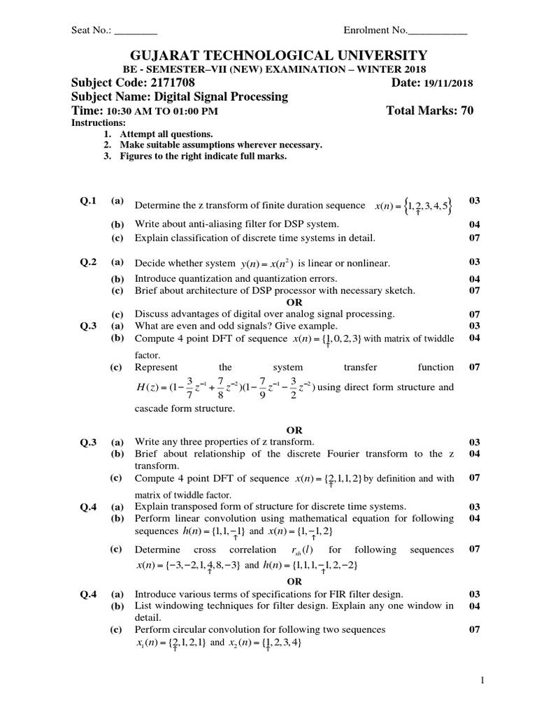 GTU Paper 2171708BEWINTER2018 PDF Digital Signal Processing