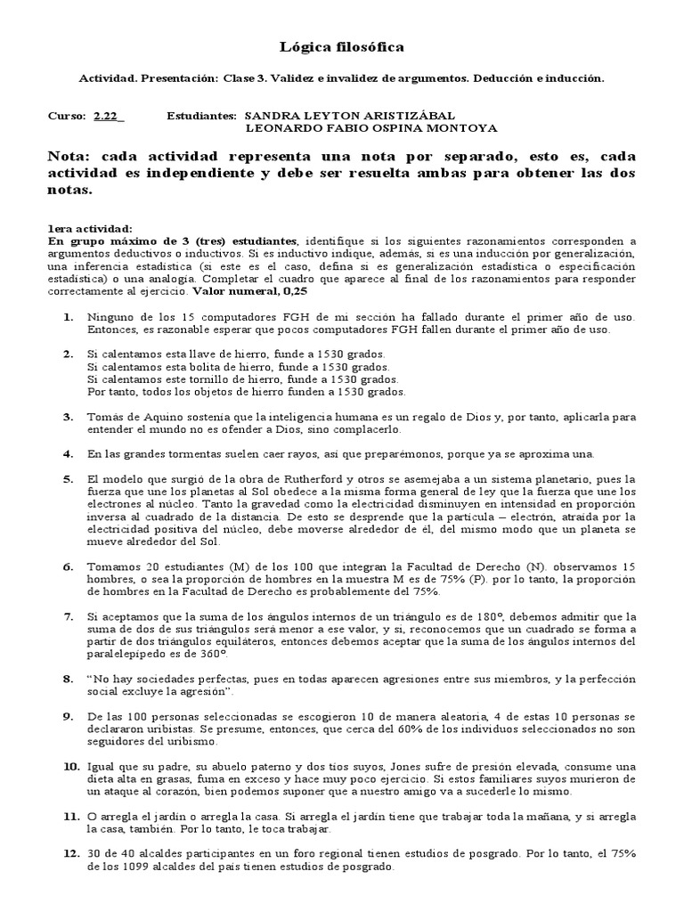 Taller Validez e Invalidez de Argumentos. Deduccion e Induccion PDF