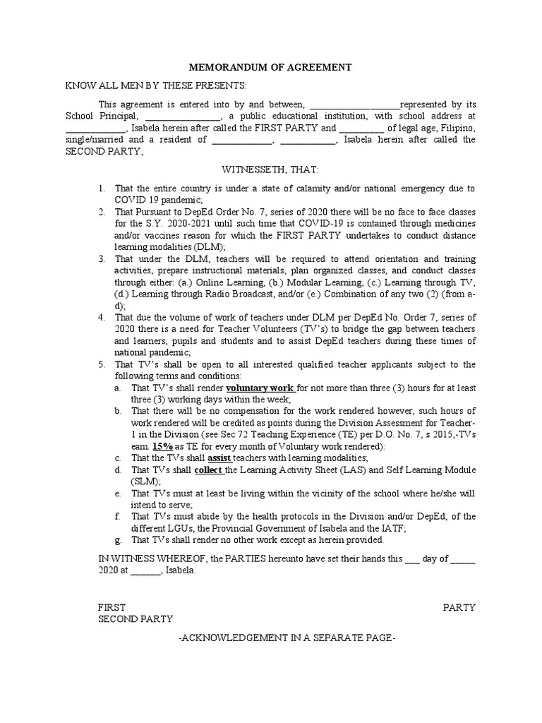 Memorandum of Agreement MOA 1 | PDF | Teaching | Behavior Modification