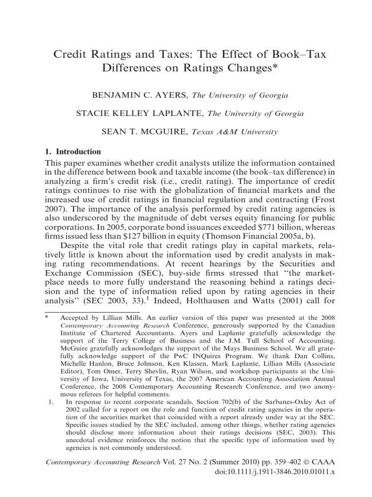 Credit Ratings and Taxes The Effect of BookTax Differences On Ratings