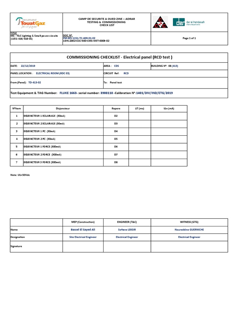 COMMISSIONING CHECKLIST - Electrical Panel (RCD Test) : FLUKE 1663 ...