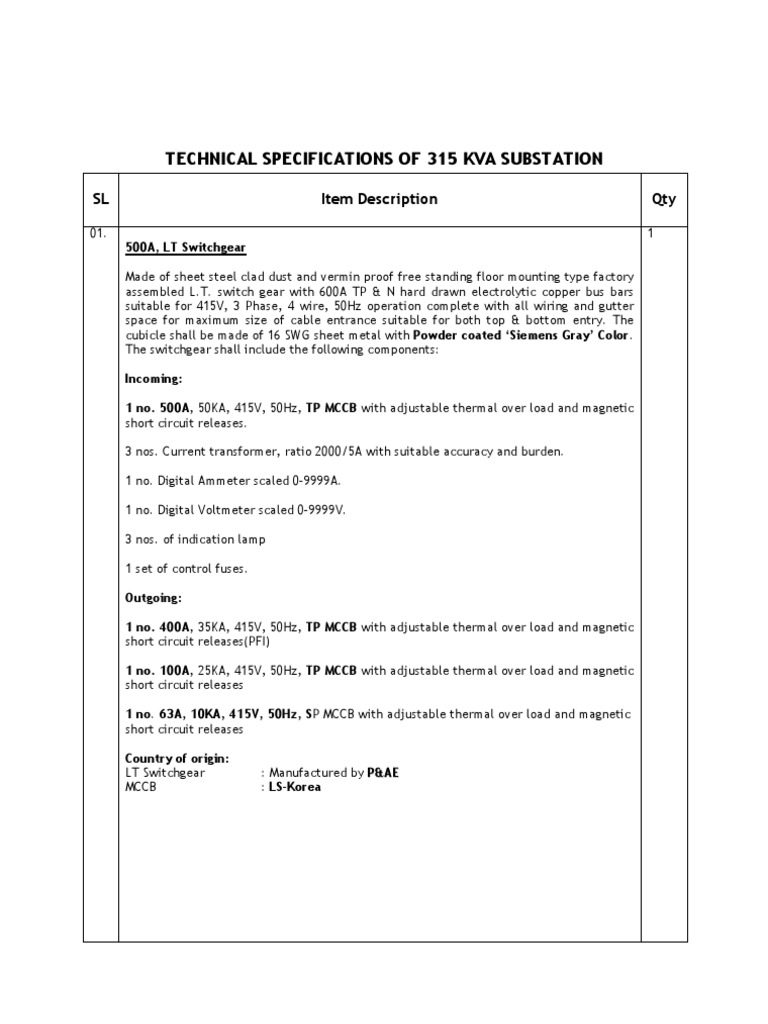 Technical Specifications of 315 Kva Sony | PDF | Capacitor | Fuse ...