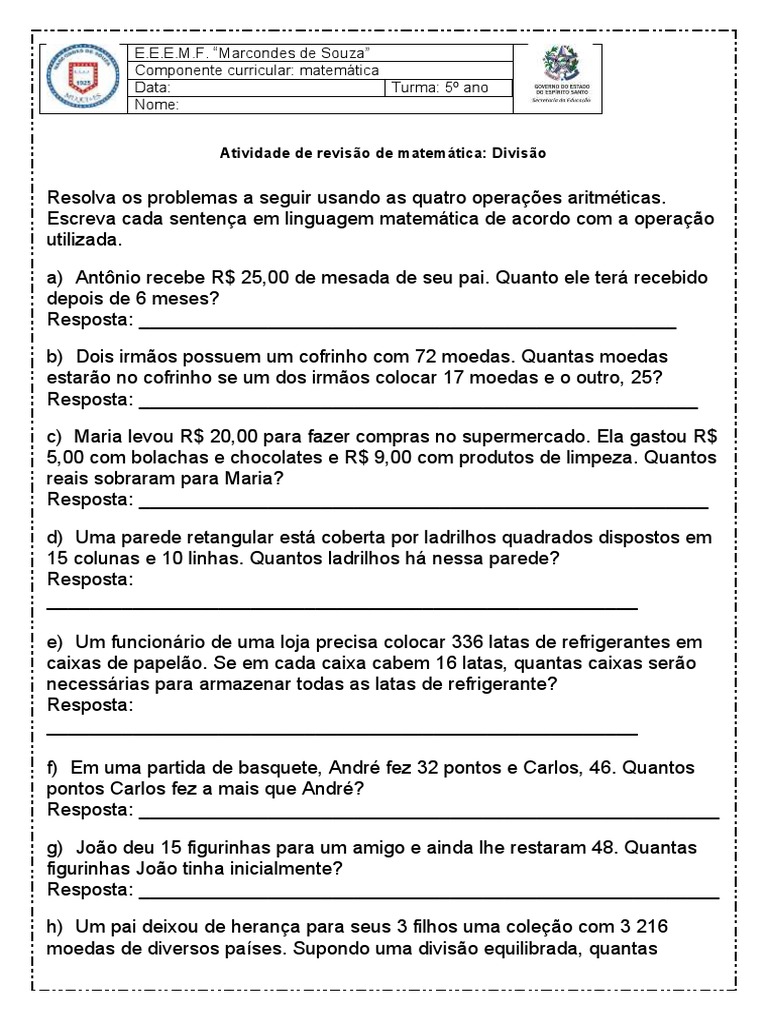 Atividades para Reforço Sobre Problemas Com As Quatro Operações 5º Ano ...
