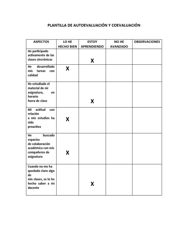 Plantilla de Autoevaluación y Coevaluación | PDF