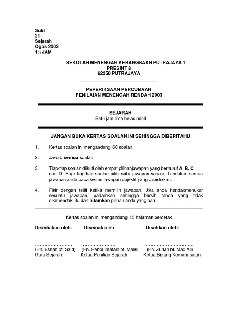Soalan Objektif Sejarah Tingkatan 3 - Selangor h