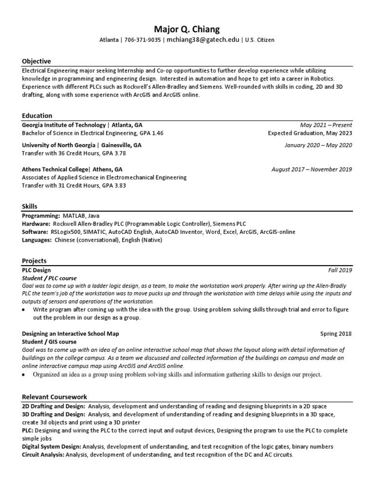 Gatech Resume PDF Programmable Logic Controller Computing