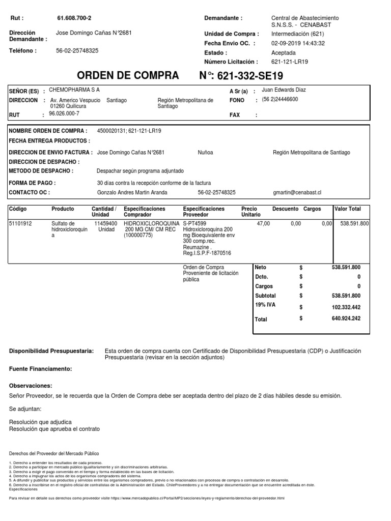 Orden de Compra Hidroxicloroquina 200 mg | PDF | Factura