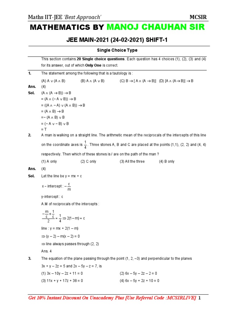 JEE Main 2021 Mathematics Solutions | PDF | Plane (Geometry) | Slope