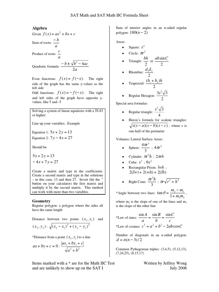 Sat math and math 2c formula sheet area sine