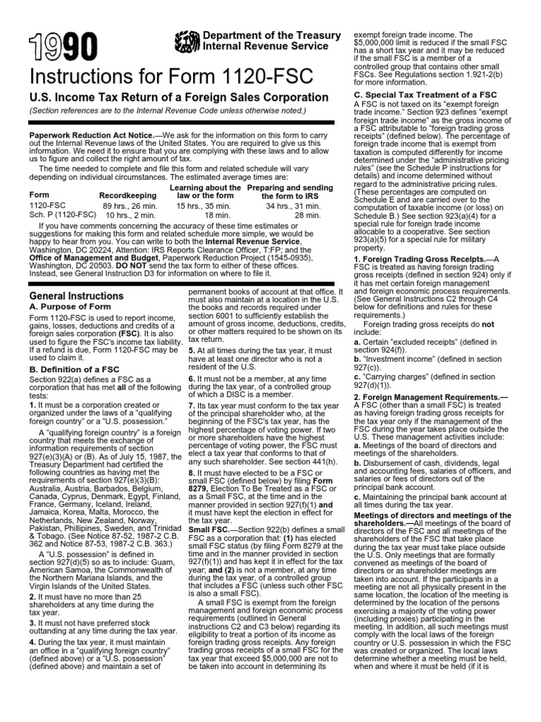 Instructions For Form 1120-FSC: U.S. Income Tax Return of A Foreign ...