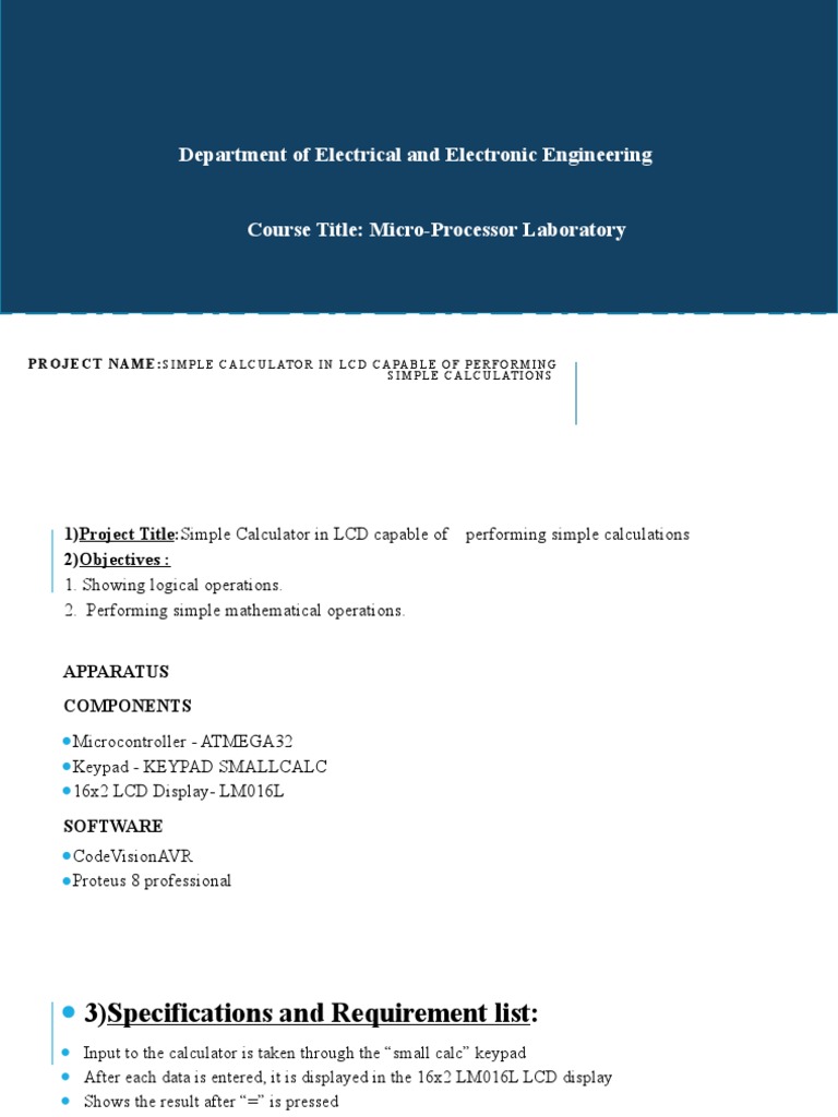 Microprocessor Project For Simple Calculator PDF Calculator