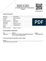 Republic of Turkey Ministry of Health Form of Entrance Due To Pandemic Threat