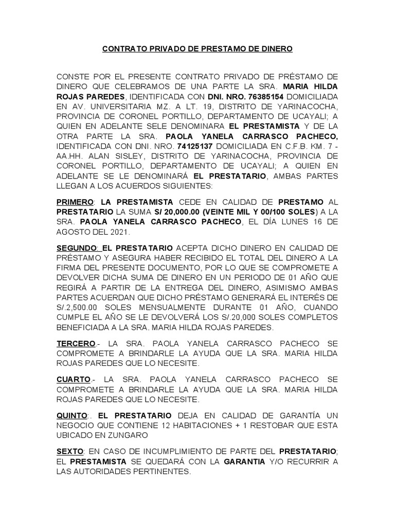 Contrato Privado de Prestamo de Dinero | PDF