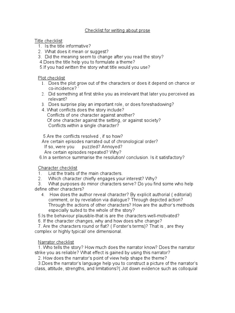 Prose Writing Checklist Guide | PDF | Narration