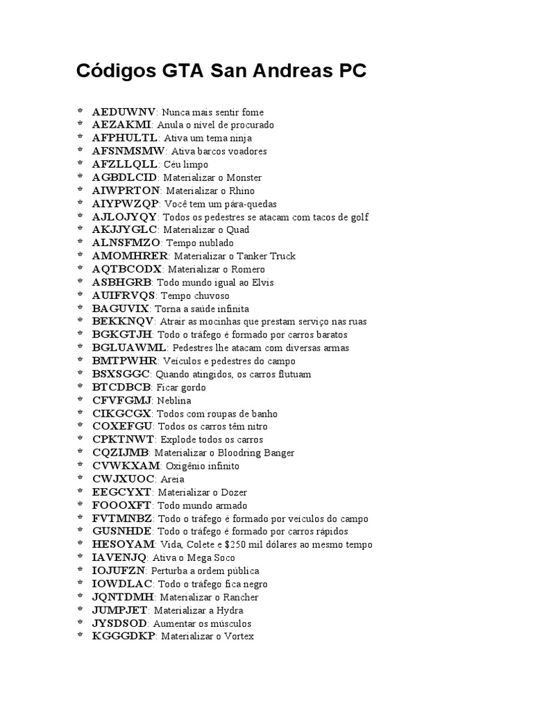 Lista completa de códigos de truques para Grand Theft Auto San Andreas no PC PDF Carro