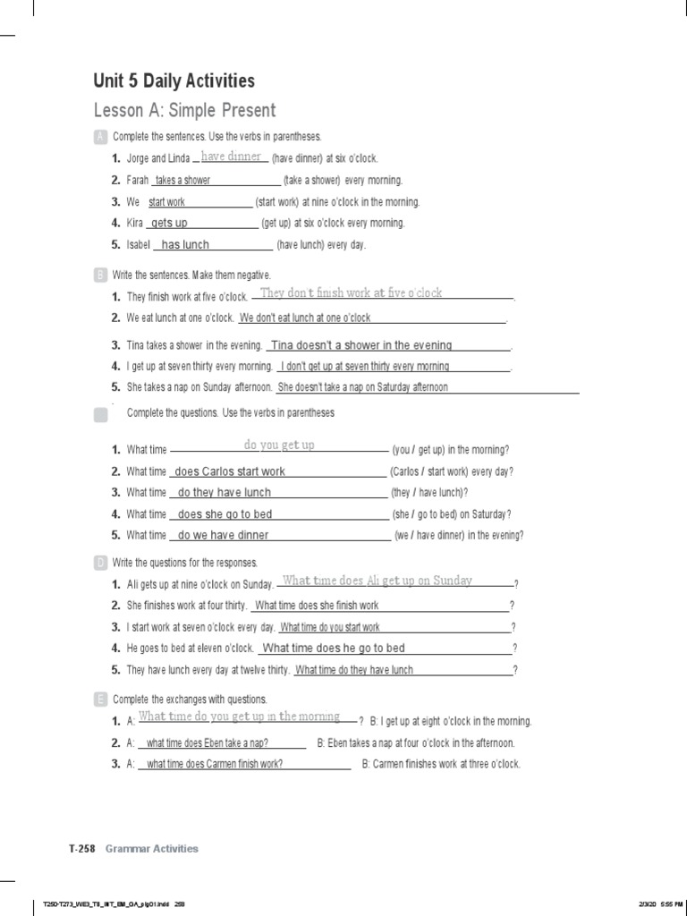 Lesson A: Simple Present: Unit 5 Daily Activities | PDF | Human ...