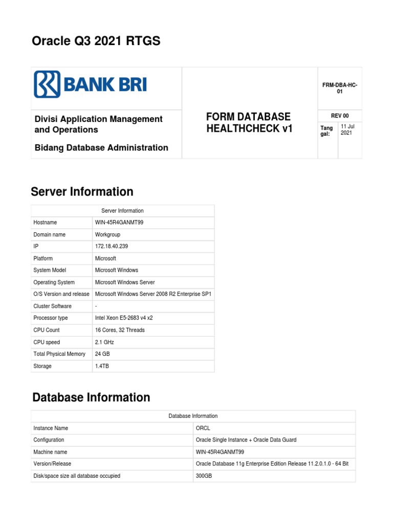 Oracle Database Health Check Q3 2021 | PDF | Databases | Sql