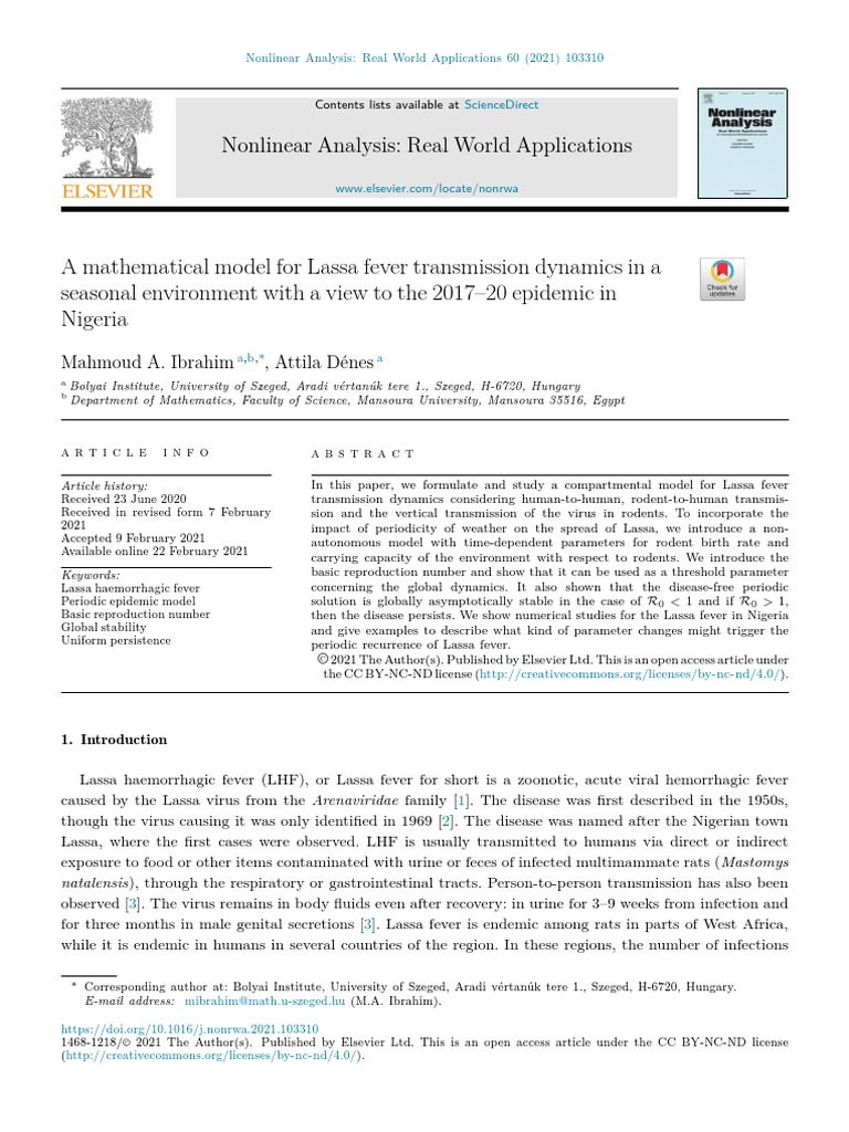 A Mathematical Model For Lassa Fever Transmission Dynamics in A ...
