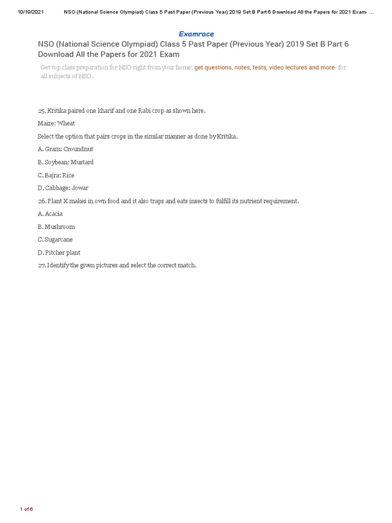 NSO (National Science Olympiad) Class 5 Past Paper (Previous Year) 2019 ...