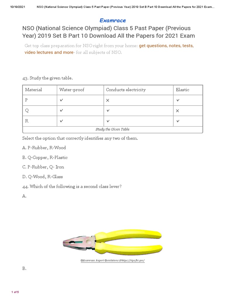 NSO Level 1 Class 5 Question Paper 2019 Set B Part 10 | PDF | Volcano ...
