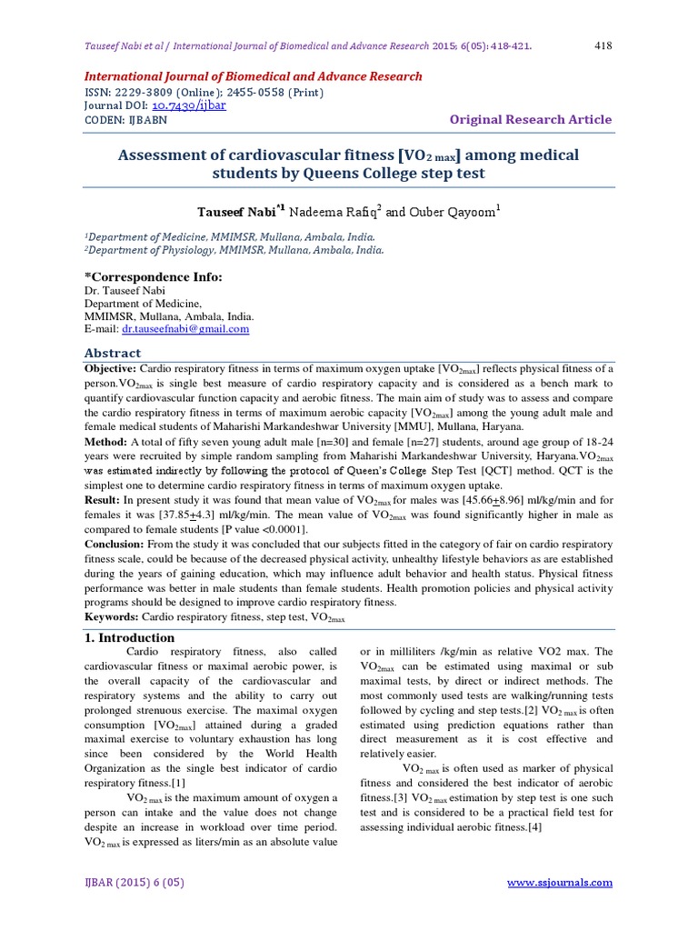 VO2 Max Assessment in Medical Students | PDF | Physical Fitness | Body ...