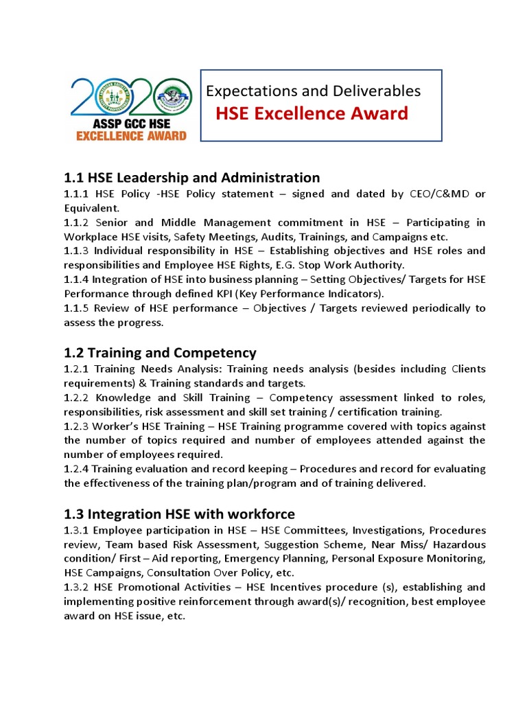 Expectations and Deliverables HSE Excellence Award PDF Risk Risk