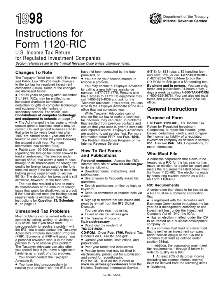 Instructions For Form 1120-RIC: U.S. Income Tax Return For Regulated ...