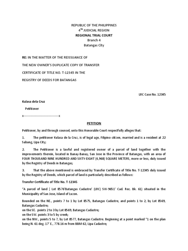 Petition for Duplicate Title T-12345 | PDF | Private Law | Common Law