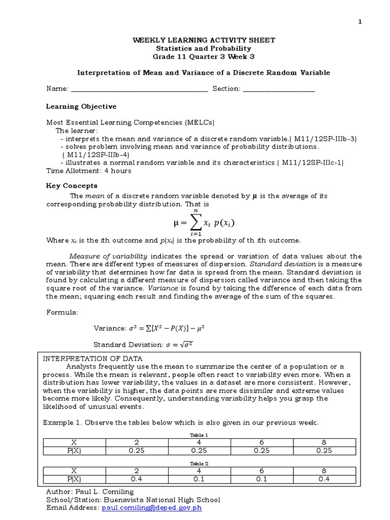 Weekly Learning Activity Sheet Statistics and Probability Grade 11
