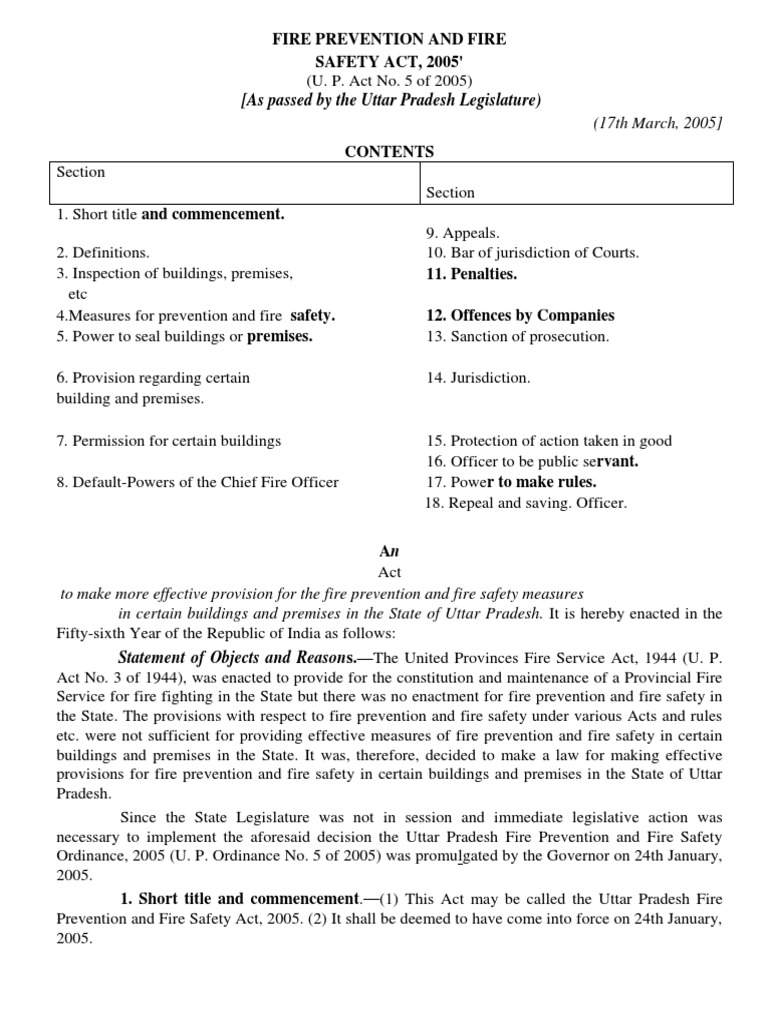 (17th March, 2005) Fire Prevention and Fire SAFETY ACT, 2005