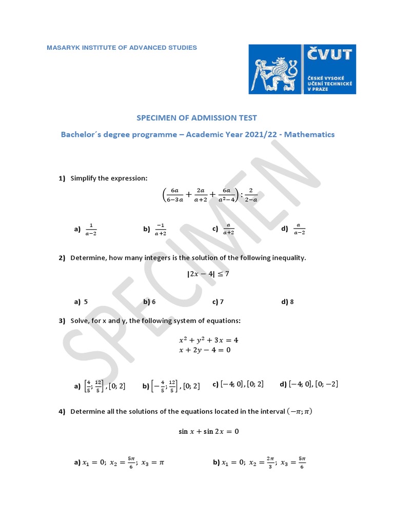 Specimen of Admission Test Bachelor S Degree Programme - Academic Year ...