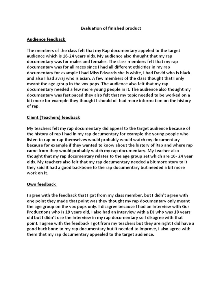 Evaluation of Finished Product 2 | PDF | Rapping | Leisure