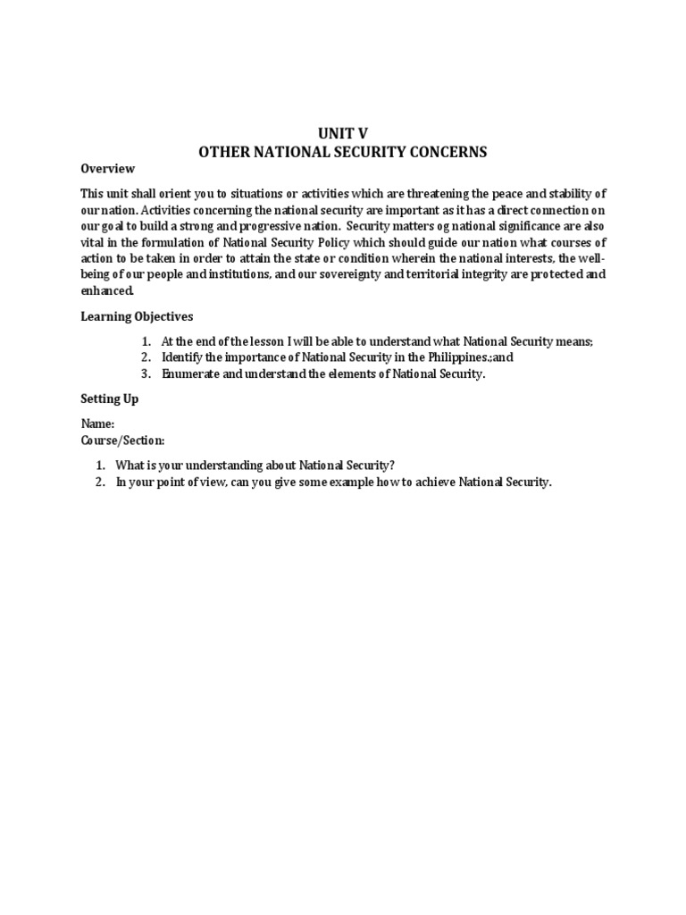 Unit V Other National Security Concerns PDF National Security