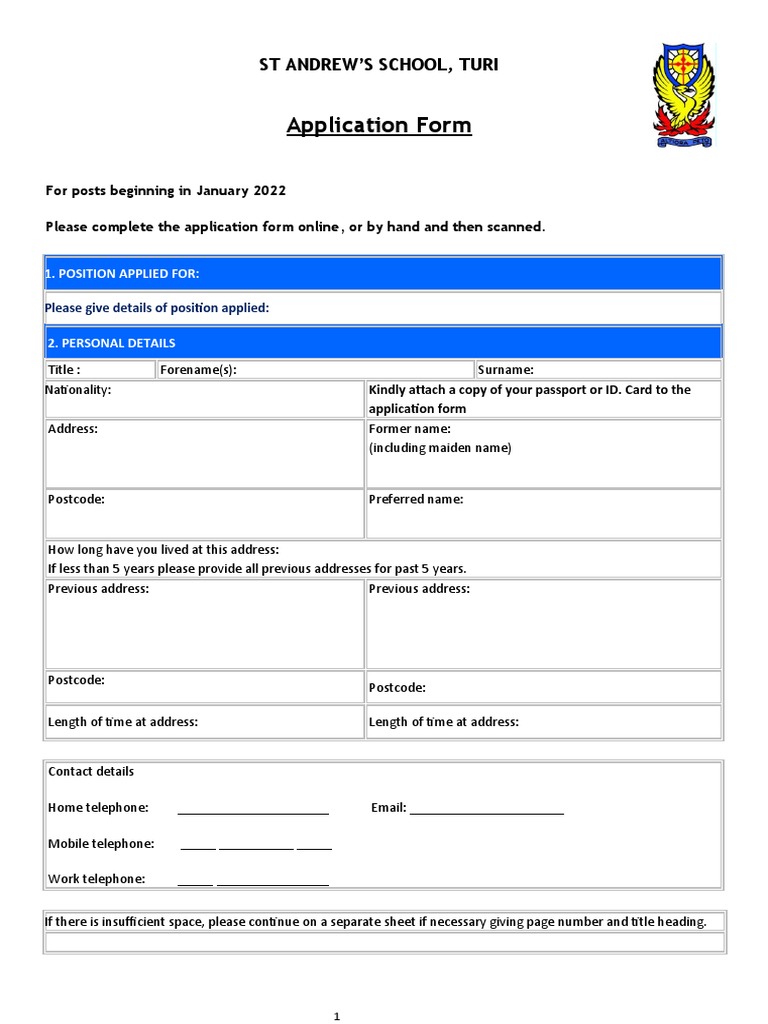 Application Form ST Andrew'S School, Turi PDF Justice Crime