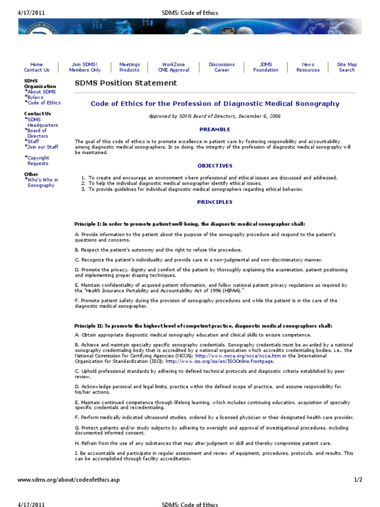 SDMS - Code of Ethics | PDF | Medical Ethics | Medical Ultrasound