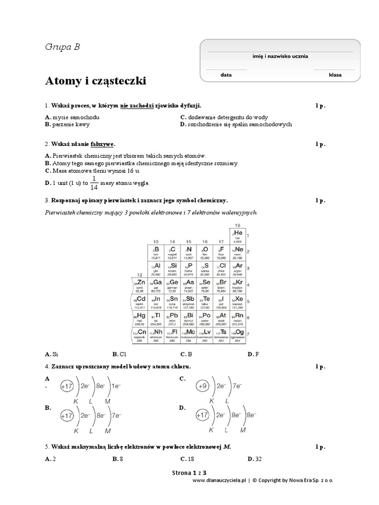 Sprawdzian Z Chemii Klasa 7 Dział 3