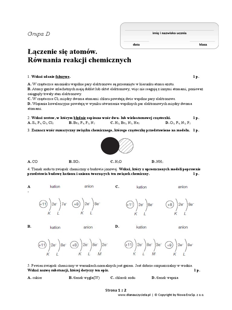 Sprawdzian Chemia Klasa 7 łączenie Się Atomów Równania Reakcji Chemicznych