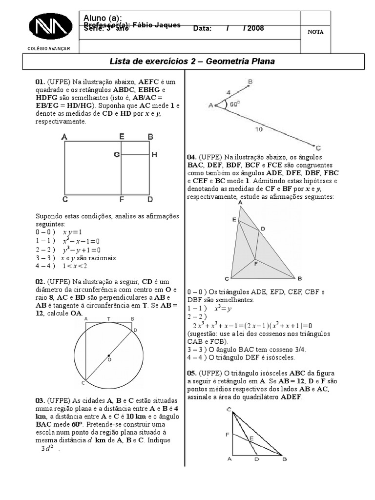 Lista de exercícios de geometria plana com questões variadas | PDF ...