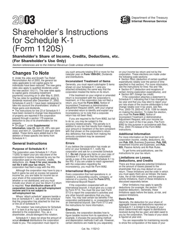 Shareholder's Instructions For Schedule K1 (Form 1120S) Pager/Sgml