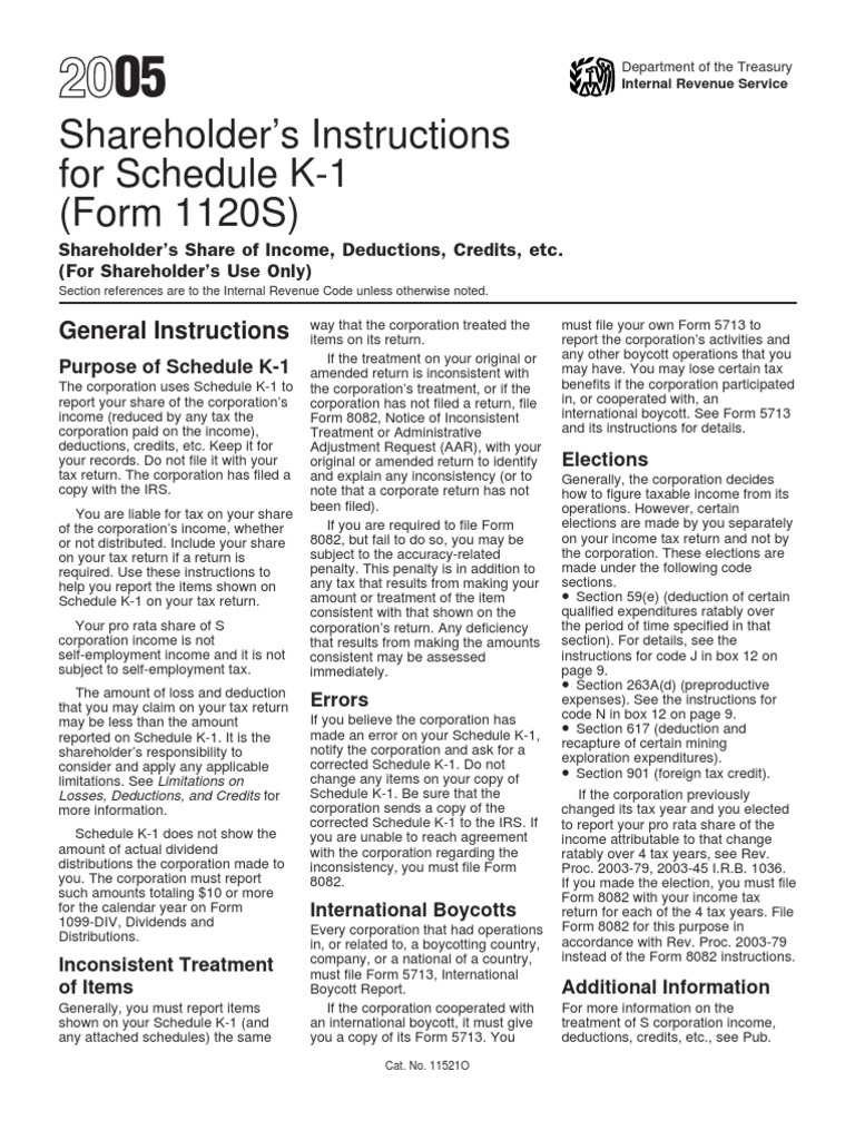 Shareholder's Instructions For Schedule K1 (Form 1120S) Pager/Sgml