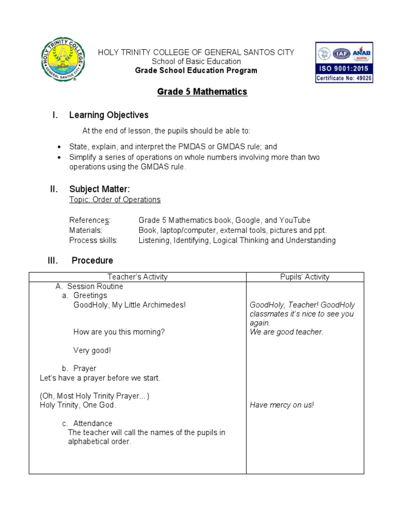 GMDAS Order of Operations Lesson Plan | PDF | Bracket | Multiplication